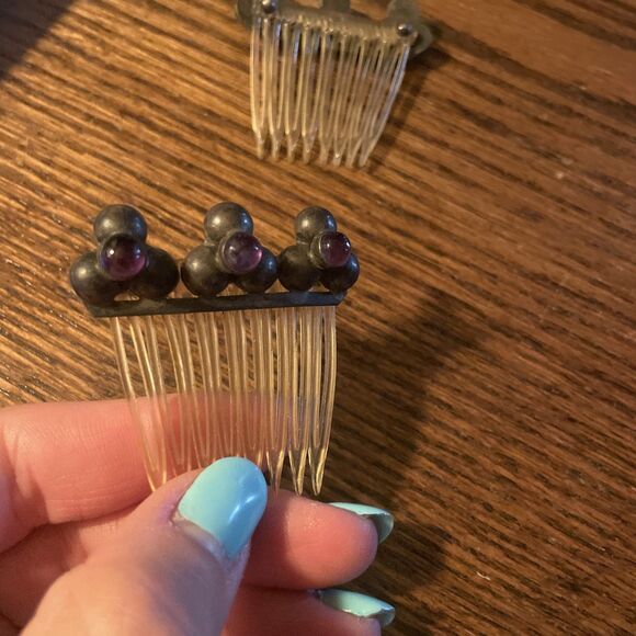 Pair of vintage Silver Hair Combs With Stones Set of 2 Purple Green
